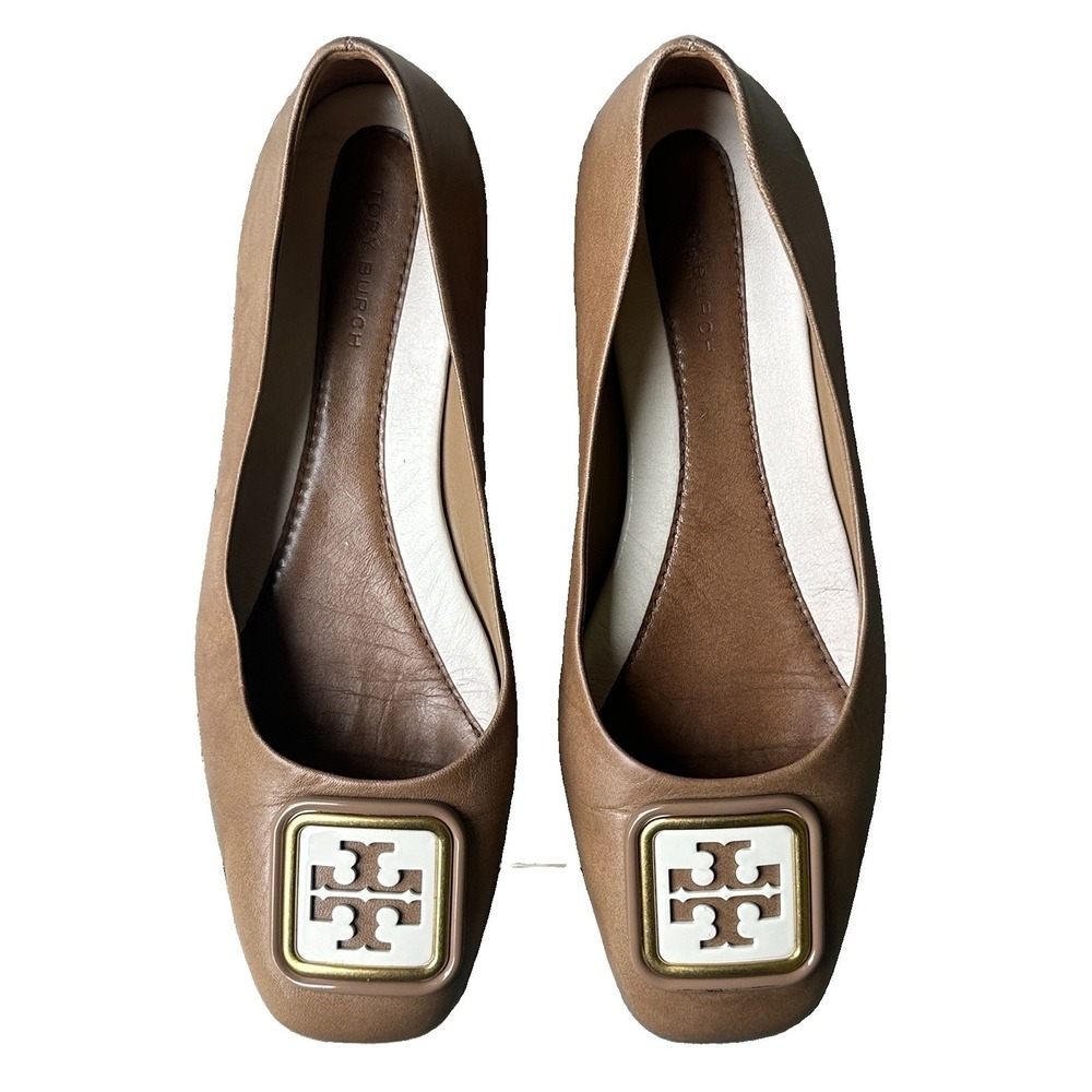 Tory Burch Georgia Ballet Flats Shoes Size 6M‎ US Leather Square Toe Slip Beige